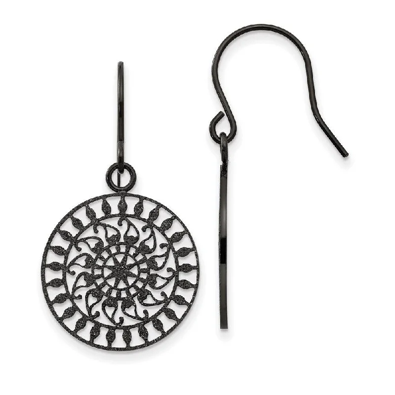 women’s dangling earrings-Stainless Steel Polished Black IP-plated Laser Cut Shepherd Hook Earrings