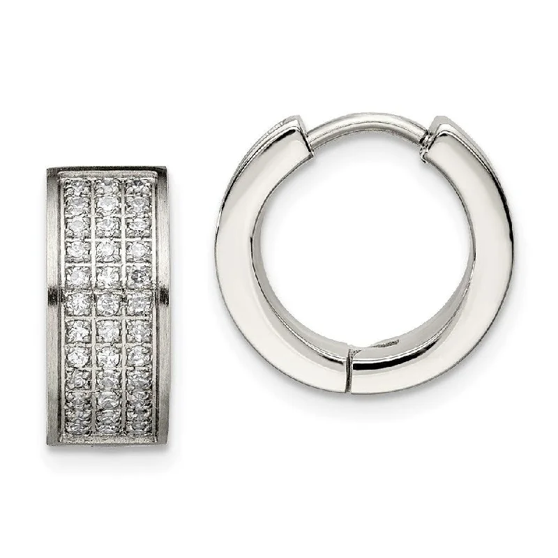 women’s geometric earrings-Stainless Steel CZ Stones Brushed & Polished Hinged Hoop Earrings