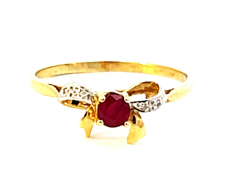 Round Red Ruby Bowtie Diamond Ring in 14k Yellow Gold