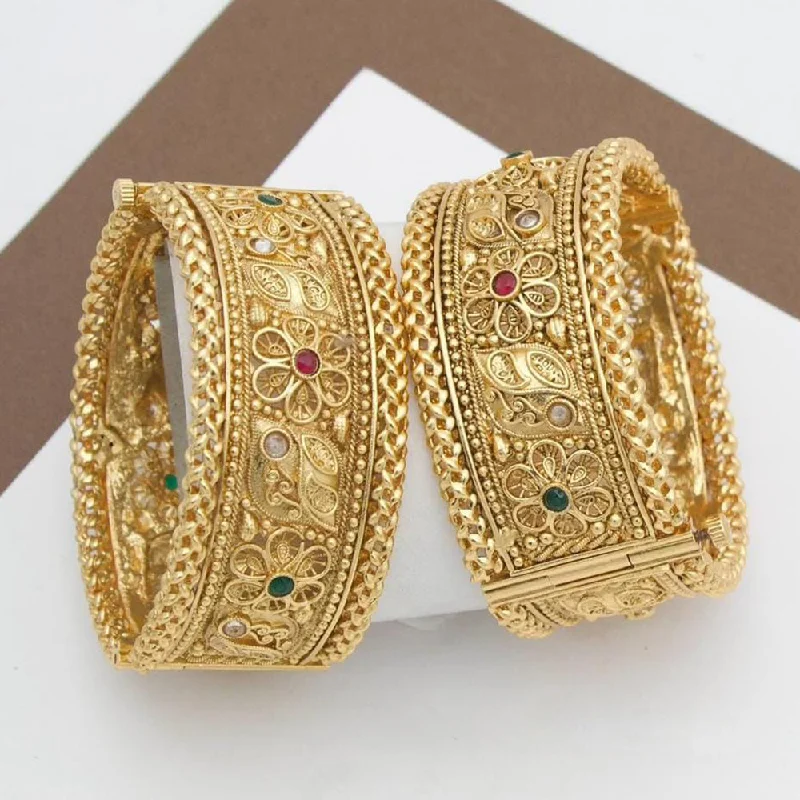 women’s wedding set engagement rings-women’s engraved bangles-Manisha Jewellery Gold Plated Pota Stone Openable Bangle Set