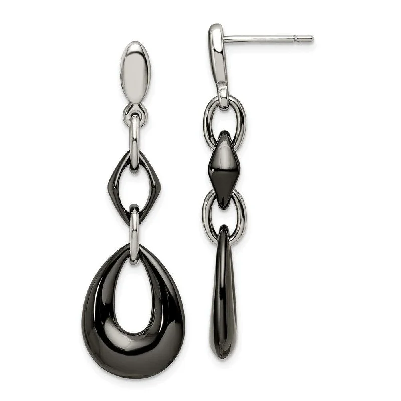 women’s infinity earrings-Stainless Steel And Black Ceramic Polished Dangle Post Earrings