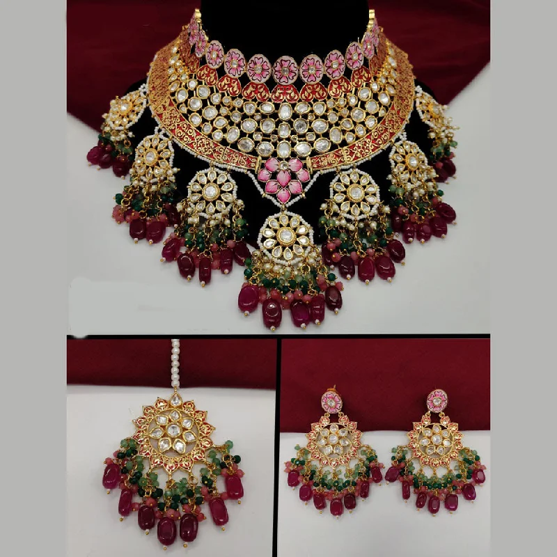 women’s dainty necklace-Amoliya Jewels Gold Plated Polki Kundan Stone And Beads Meenakari Choker Necklace Set