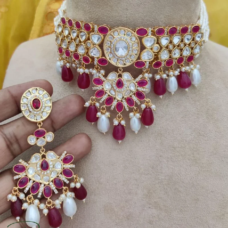 women’s wedding necklace-Jewel Addiction Copper Gold Plated Polki Kundan Stone Beads Choker Necklace Set