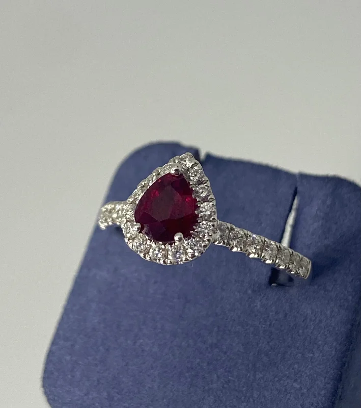 White Gold Pear-Shape Natural Ruby and Diamond Ring