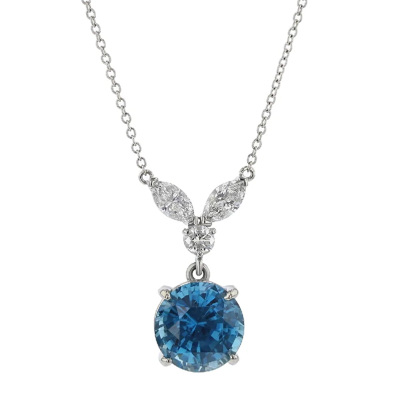 women’s gold bar pendant necklace-Platinum Cambodian Blue Zircon and Diamond Necklace