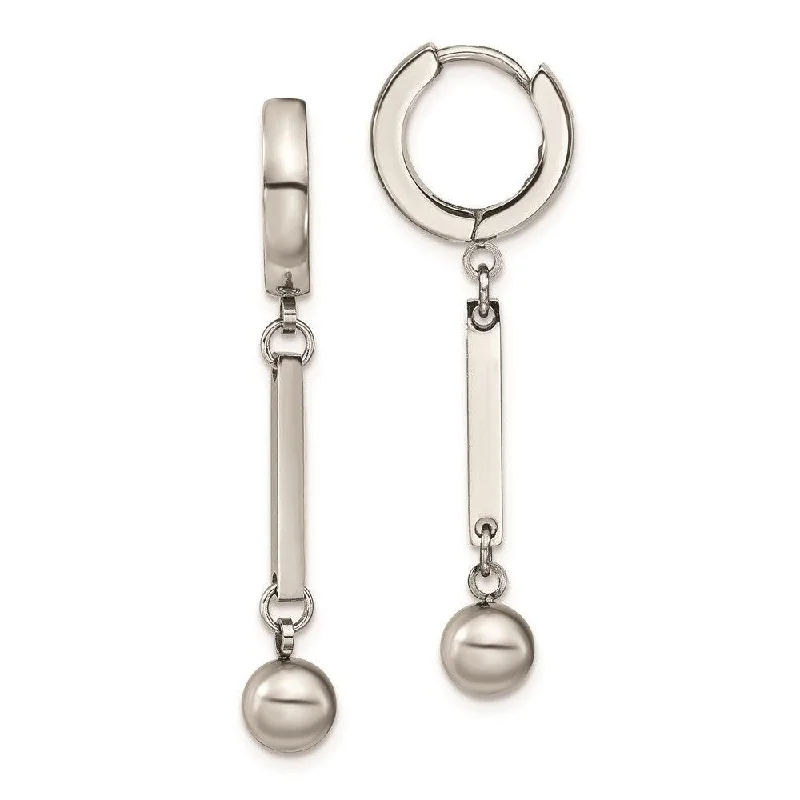 women’s art deco earrings-Stainless Steel Polished with Bar & Ball Dangle Hinged Hoop Earrings