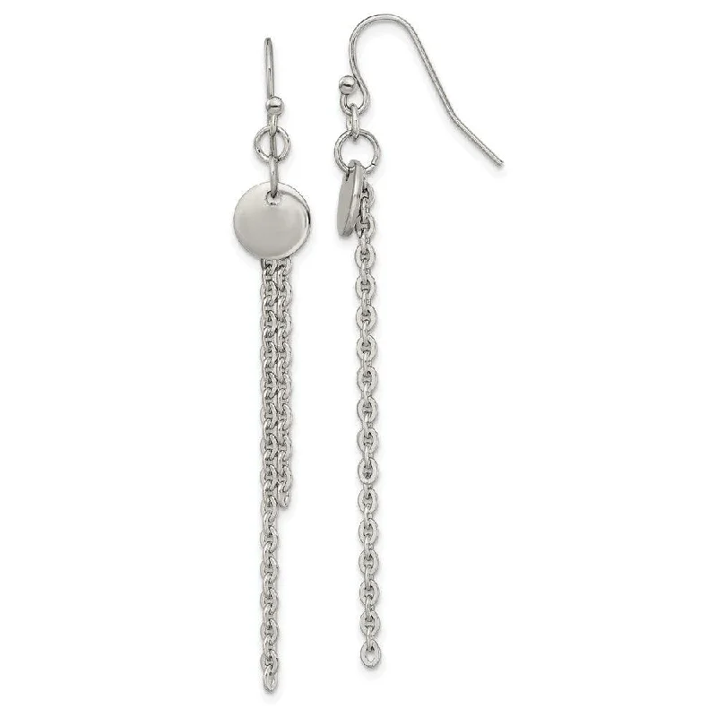 women’s pearl earrings-Stainless Steel Polished Disc with Chain Dangle Shepherd Hook Earrings