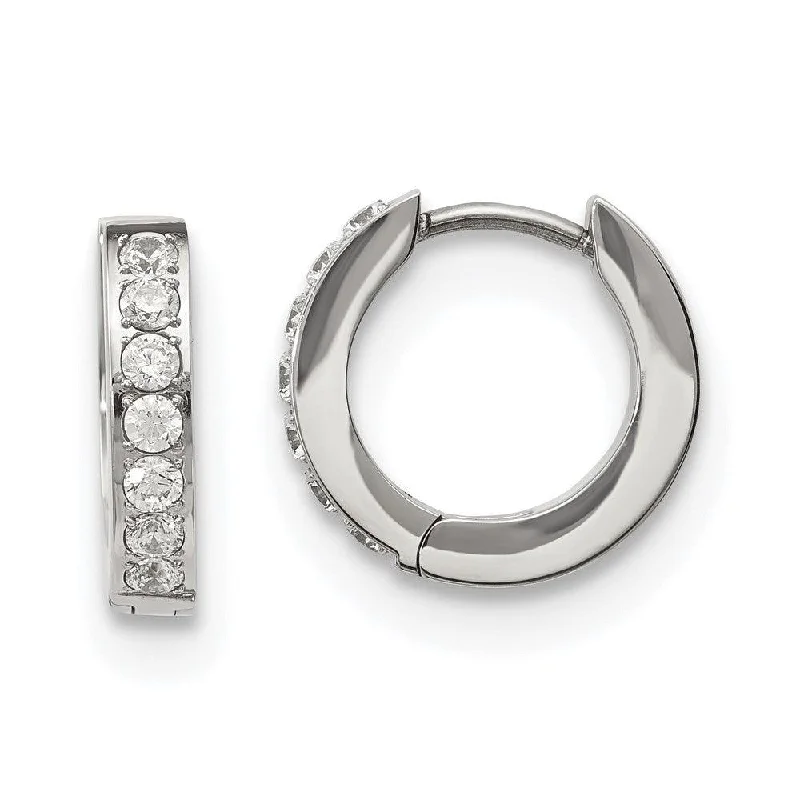 women’s artistic earrings-Stainless Steel Polished with 1 Row of CZ Hinged Hoop Earrings