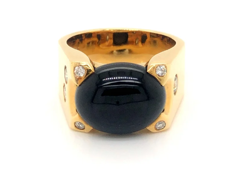 Men's Modern Black Jade and Diamond Ring - 18k Yellow Gold