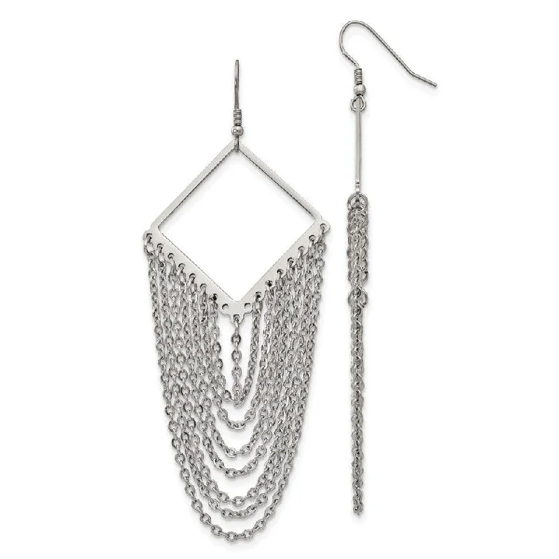 women’s pearl earrings-Stainless Steel Diamond Shape w/Dangle Chain Earrings