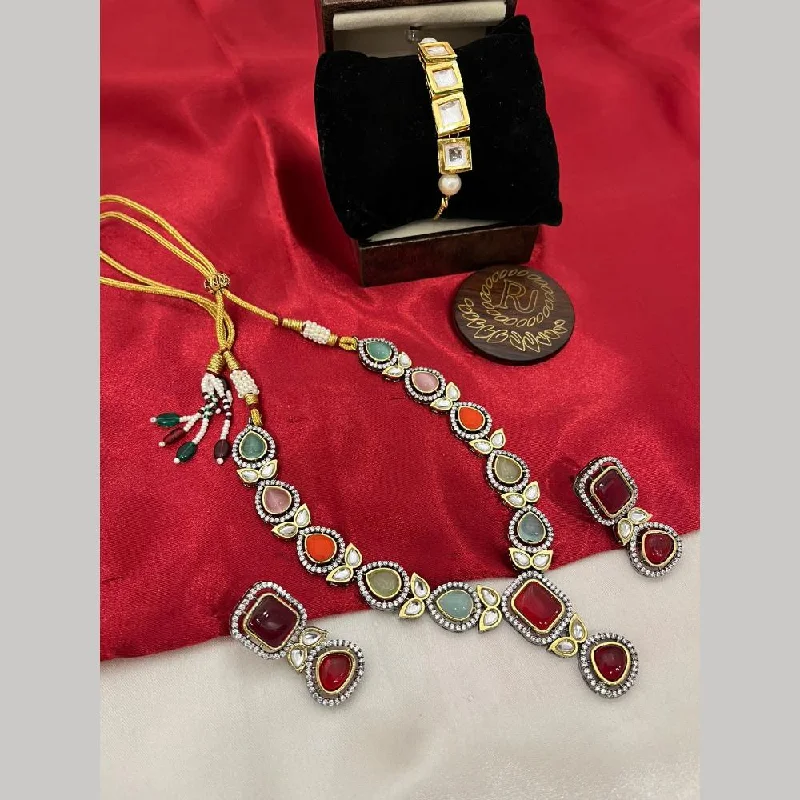 women’s solid gold necklace-FS Collection 2 Tone Plated Kundan And Crystal Stone Necklace Set