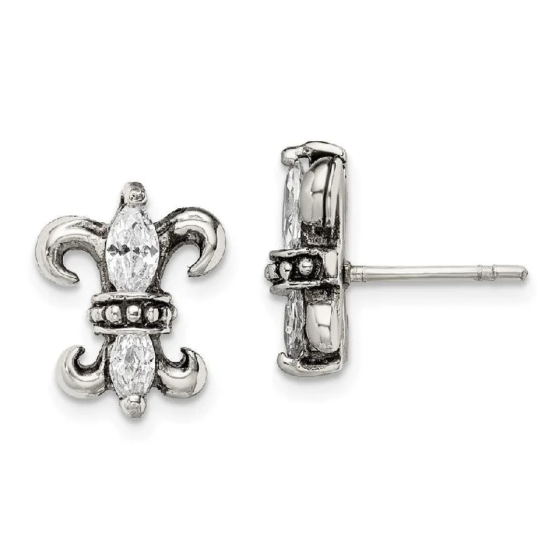 women’s crystal stud earrings-Stainless Steel Antiqued Fleur de lis with CZ Post Earrings