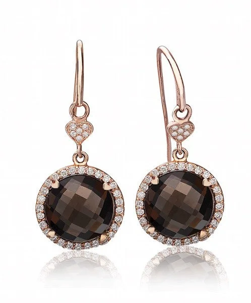 women’s birthday earrings-Smoky quartz round drop earrings with diamonds 356-JSA