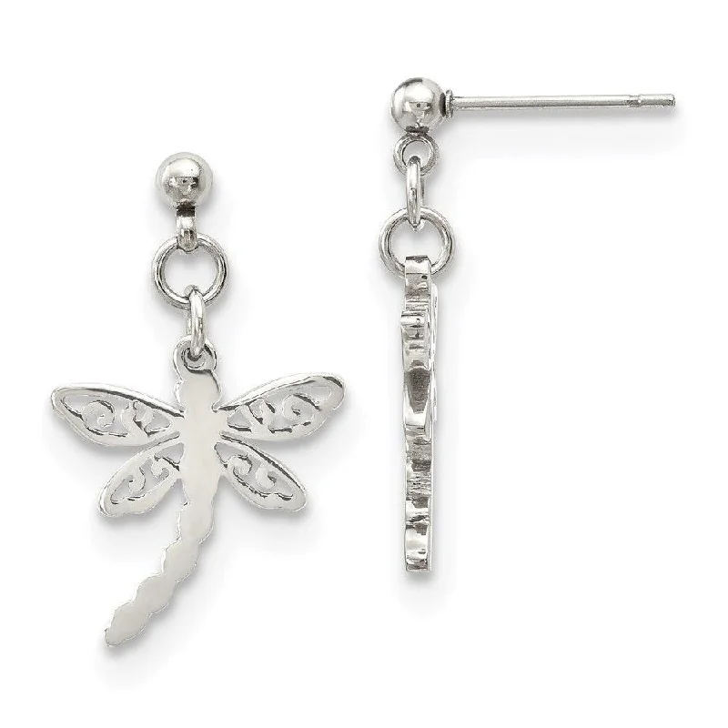 women’s birthstone earrings-Stainless Steel Polished Dragonfly Post Dangle Earrings