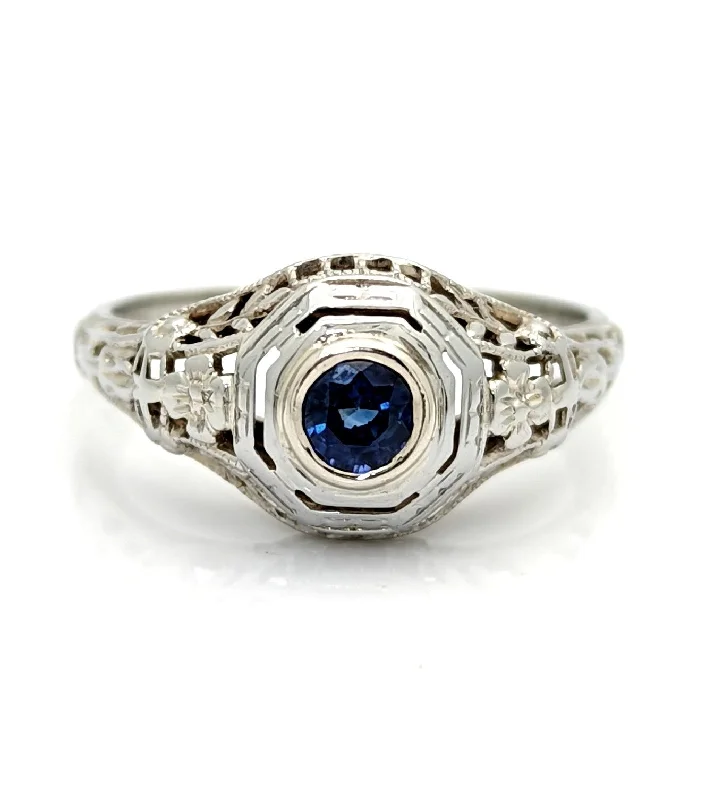 women’s wedding rings with gemstones-Vintage Art Deco 18K White Gold Filigree Sapphire Ring