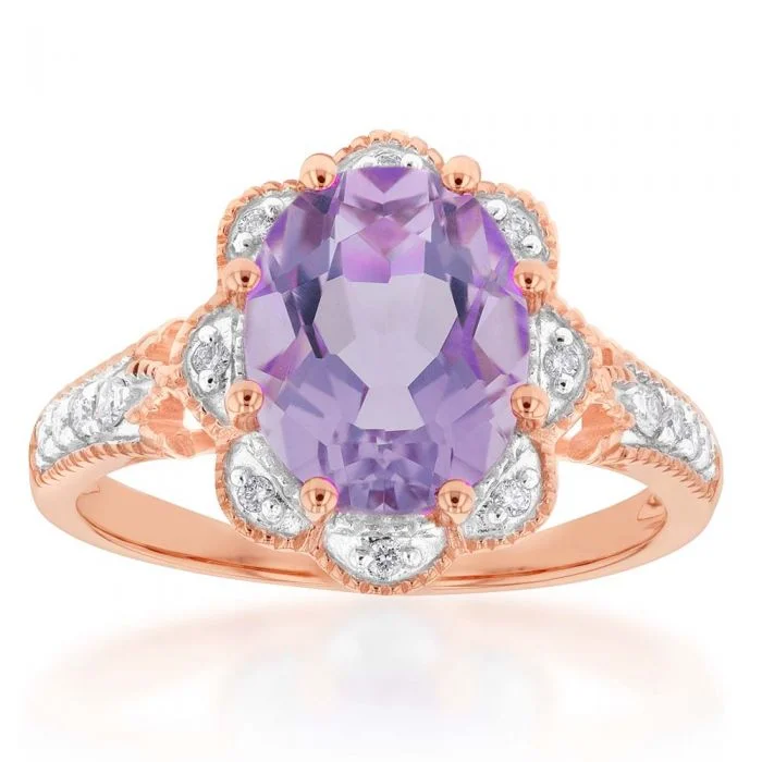 9ct Rose Gold 2.40ct Amethyst and 1/10 Carat Diamond Ring