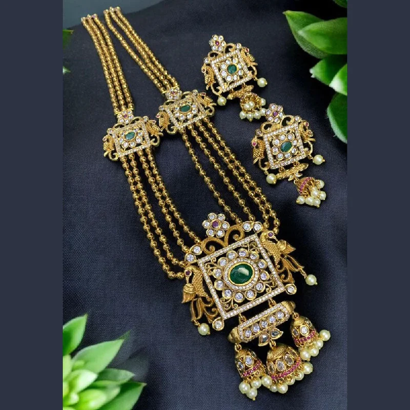 women’s gold bar necklace-Sona Creation Gold Plated Crystal Stone And Pearls Long Necklace Set