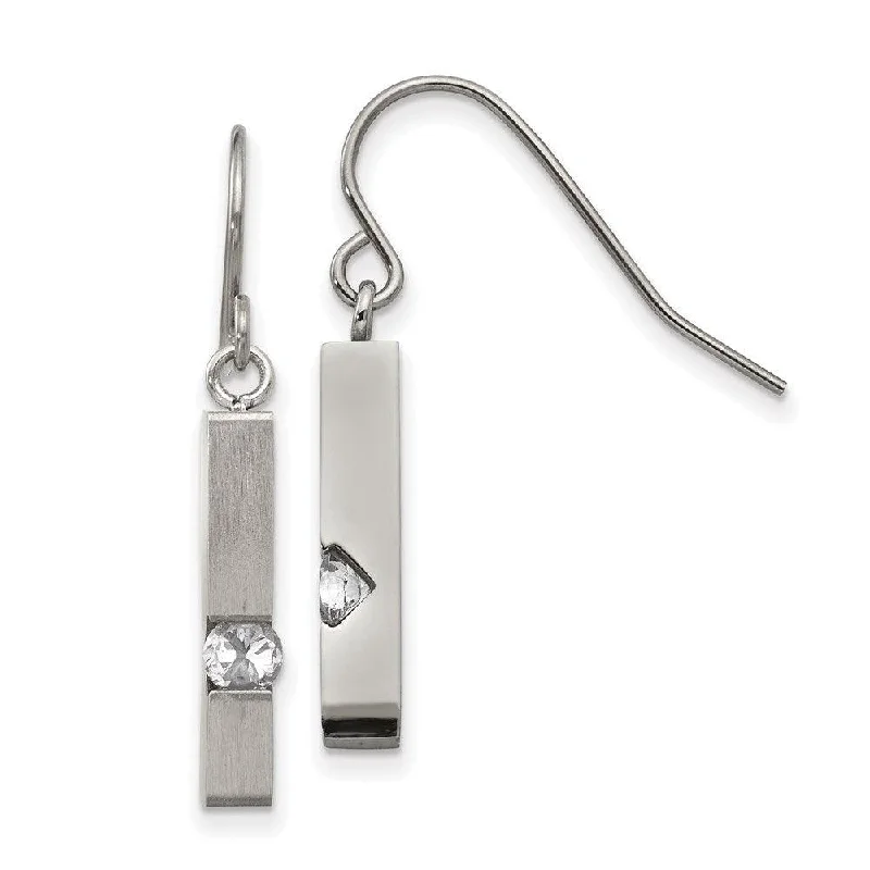 women’s silver earrings-Stainless Steel Brushed and Polished with CZ Shepherd Hook Earrings