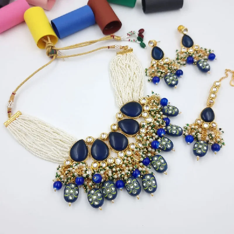 women’s trendy pendant necklace-JCM Gold Plated Kundan Stone And Beads Choker Necklace Set