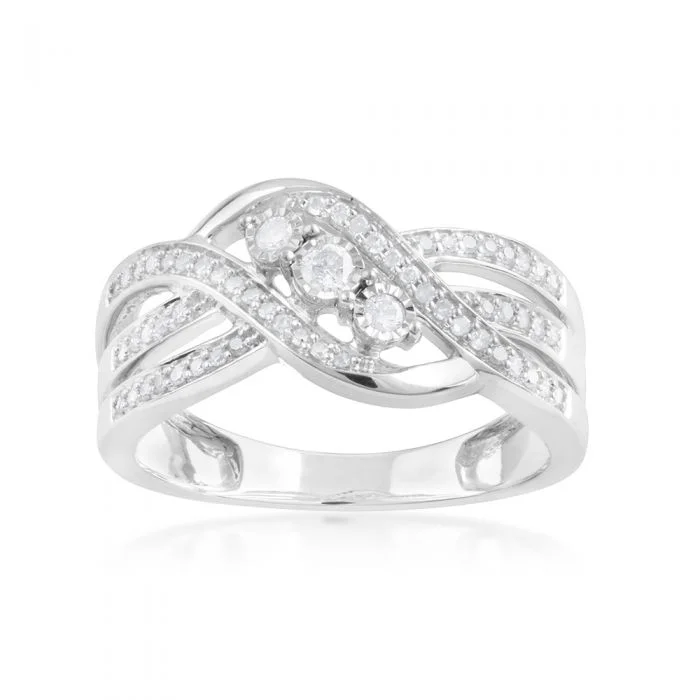 1/4 Carat Diamond Ring with 3 Offset Feature Diamonds Ring in Sterling Silver