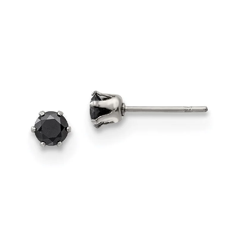 women’s sterling silver earrings-Stainless Steel Polished 4mm Black Round CZ Stud Post Earrings