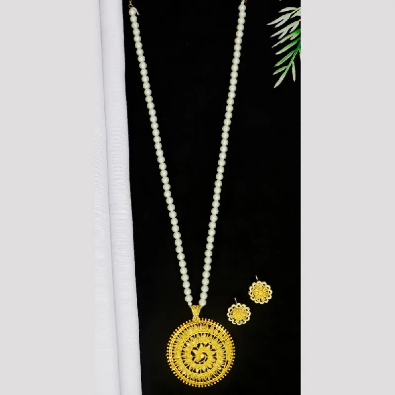 women’s engagement necklace-Mahavir Gold Plated Pearls Long Necklace Set