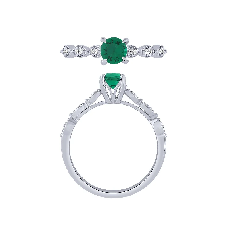 women’s statement rings-14K White Gold Diamond And Emerald Ring