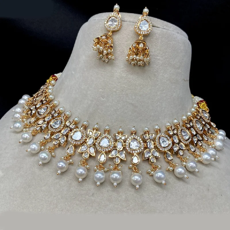 women’s beaded statement necklace-Royal Kundan Jewellery Gold Plated Polki Kundan And Pearls Choker Necklace Set