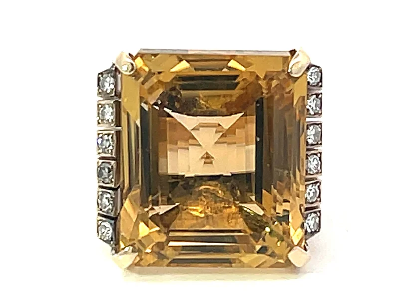 Large 43 Carat Yellow Topaz Emerald Step Cut and Diamond Ring in 14k Yellow Gold