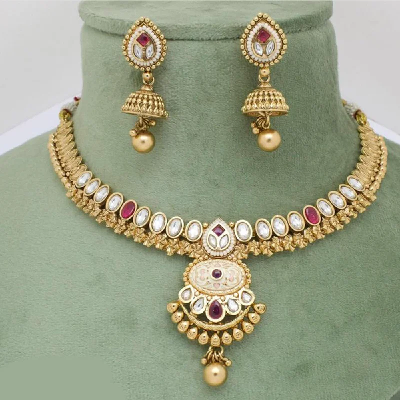 women’s chain necklace-Manisha Jewellery Gold Plated Pota Stone And Beads Meenakari Necklace Set