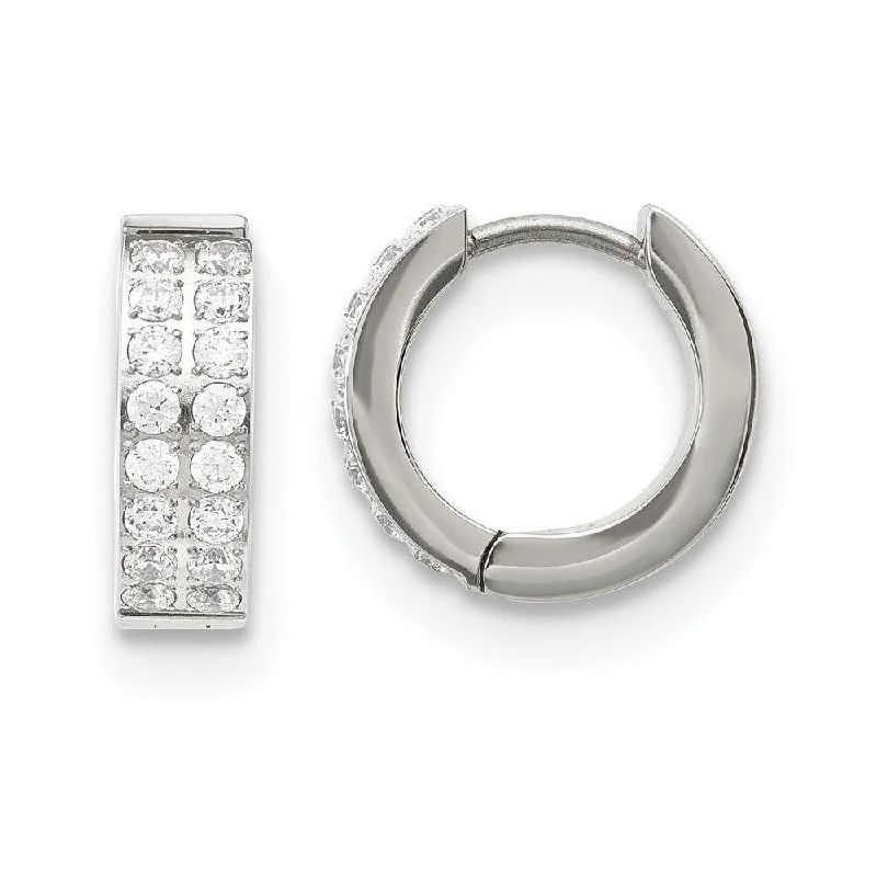 women’s pearl stud earrings-Stainless Steel Polished with 2 Rows of CZ Hinged Hoop Earrings