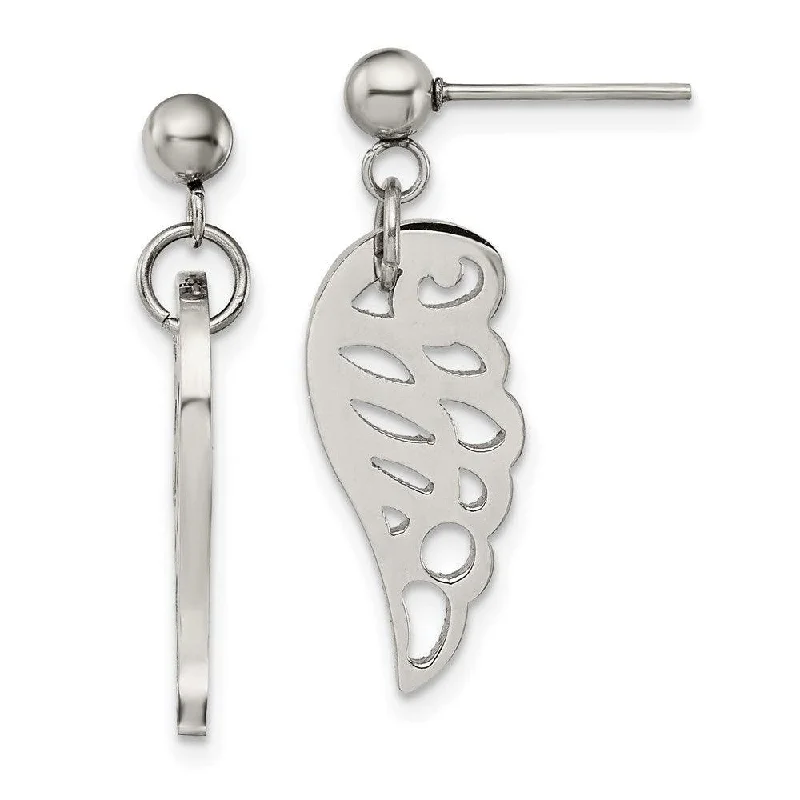 women’s artistic earrings-Stainless Steel Polished Wing Post Dangle Earrings