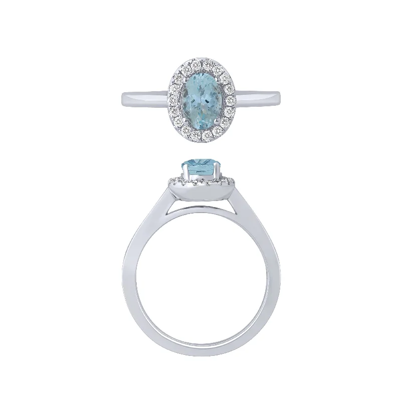 women’s cushion cut ring-14K White Gold Aquamarine And Diamond Halo Ring