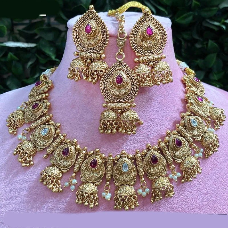 women’s elegant necklace-Royal Kundan Jewellery Gold Plated  Pota Stone And Pearls Choker Necklace Set