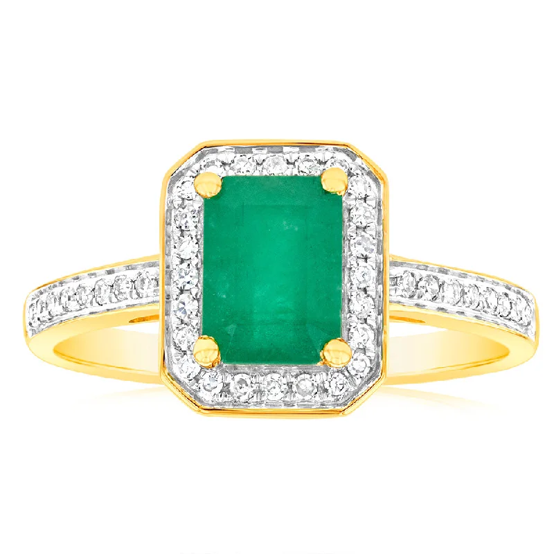 9ct Yellow Gold 1ct Natural Emerald and 0.15 Carat Diamond Ring