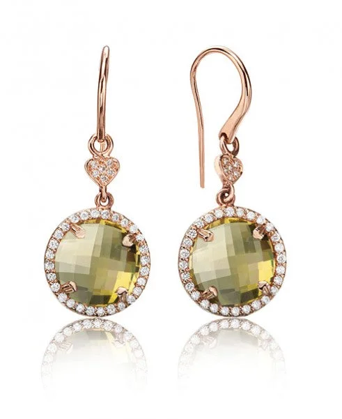 women’s fashion earrings-Lemon Quartz round drop earrings with diamonds 354-JSA