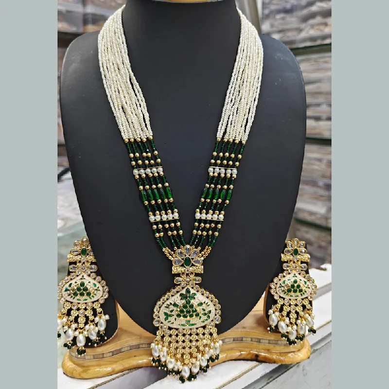 women’s rose gold pendant necklace-Manisha Jewellery Gold Plated Pota Stone And Pearls Meenakari Long Necklace Set