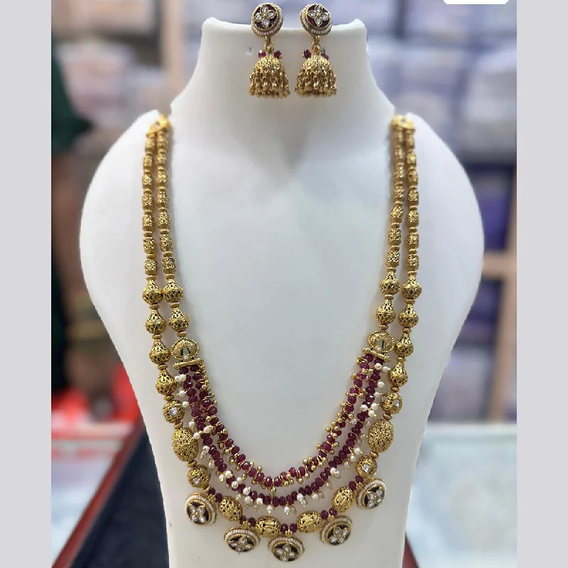 women’s layered gold necklace-JCM Gold Plated Pota Stone And Pearls Long Necklace Set