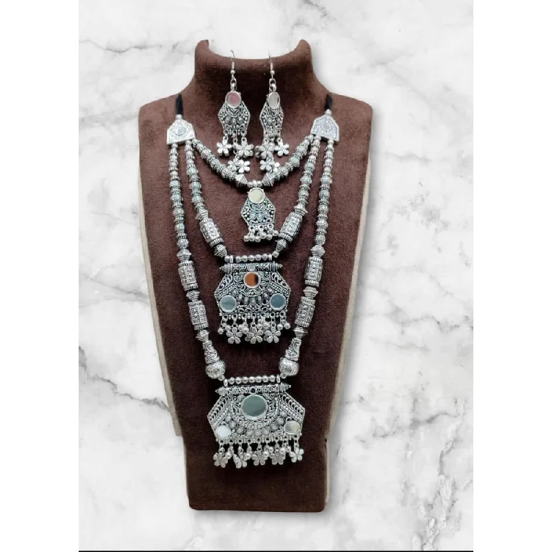 women’s zodiac necklace-Akruti Collection Oxidised  Plated Long mirror Necklace Set