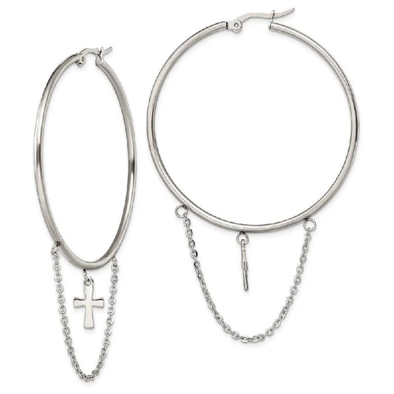 women’s long drop earrings-Stainless Steel Polished Cross Dangle Hoop Earrings