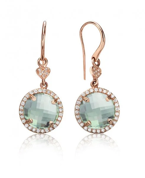 women’s birthday gift earrings-Green quartz round drop earrings with diamonds 358-JSA