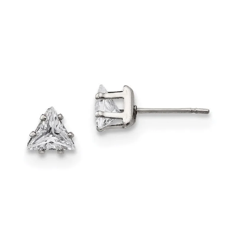 women’s vintage earrings-Stainless Steel Polished 6mm Triangle CZ Stud Post Earrings