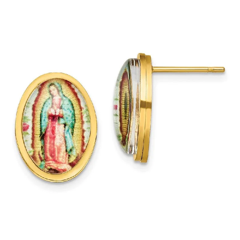 women’s drop earrings-Stainless Steel Polished Yellow IP Enamel Lady of Guadalupe Post Earrings