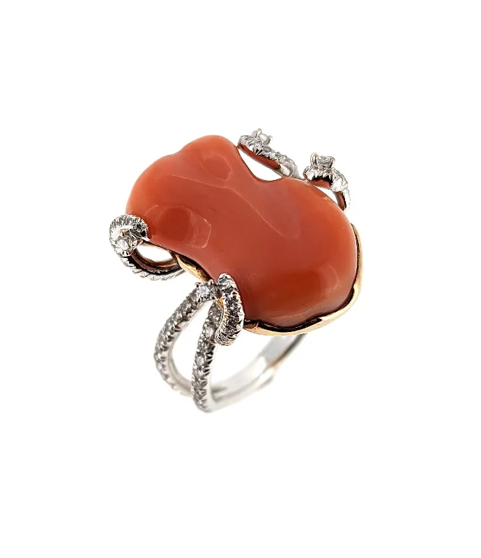 women’s emerald diamond rings-18K White Gold Natural Coral Ring with Diamond Accents