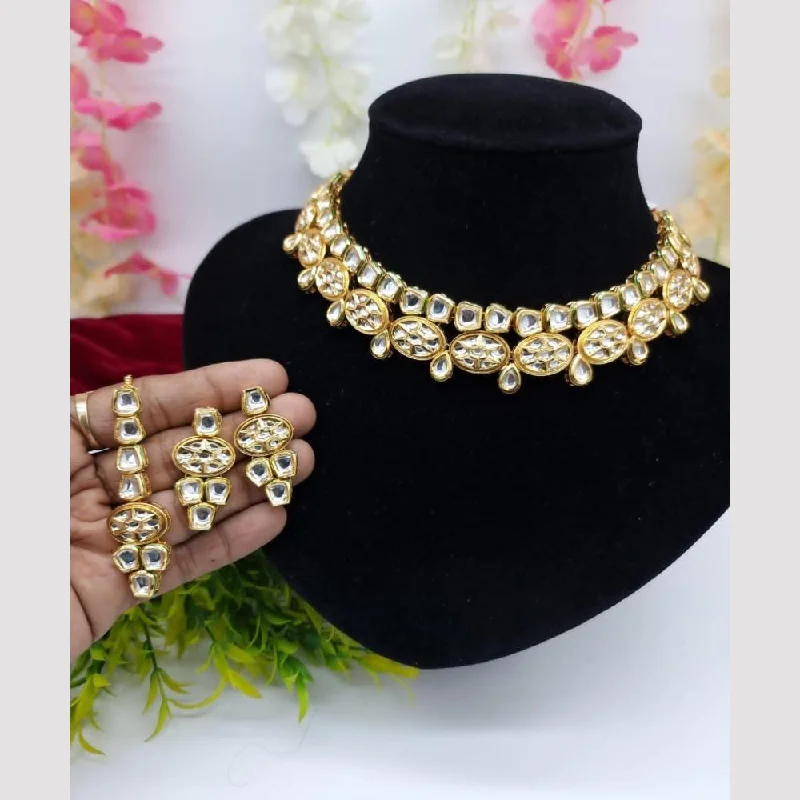 women’s double chain necklace-FS Collection Gold Plated Kundan Stone Choker Necklace Set