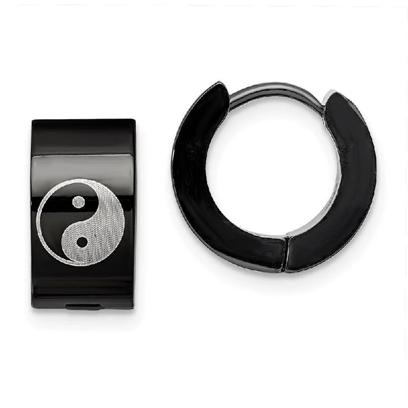 women’s emerald stud earrings-Stainless Steel Yin Yang Black IP Plated Hinged Hoop Earrings