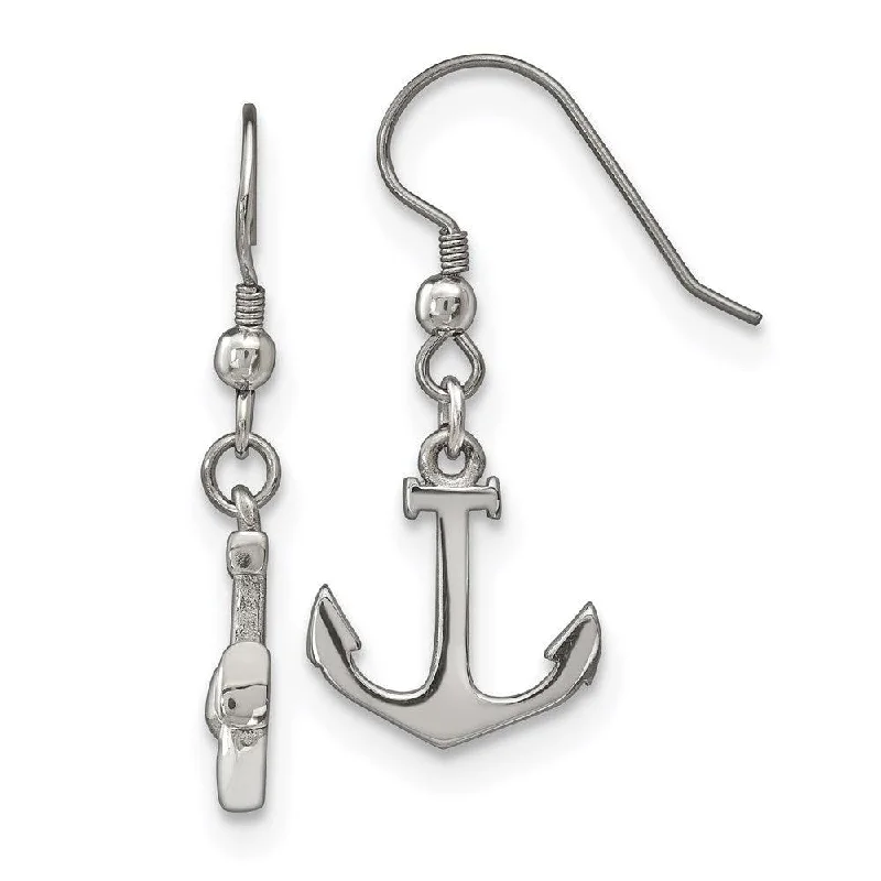 women’s luxury earrings-Stainless Steel Polished Anchor Dangle Shepherd Hook Earrings