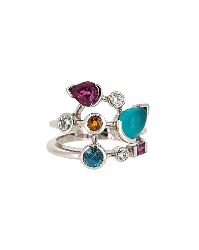 women’s art deco rings-14K White Gold Multi Gemstone Ring