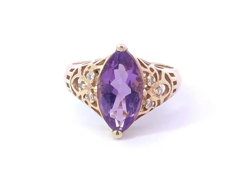 Vintage Marquise Amethyst & Diamond Ring in 14K Yellow Gold