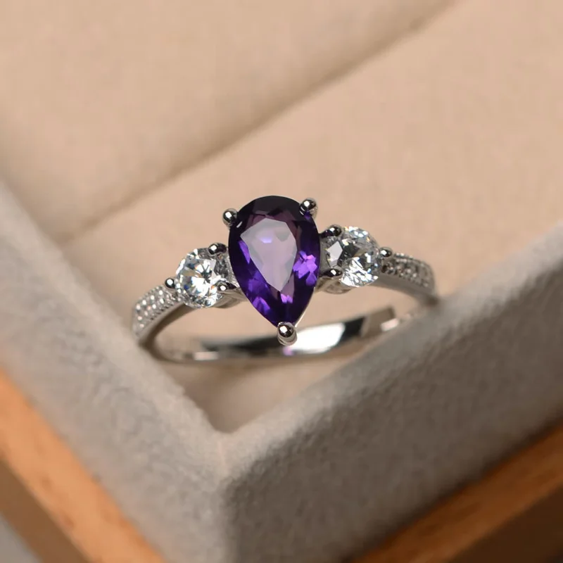 women’s ruby ring-Pear Cut Amethyst Stone Ring